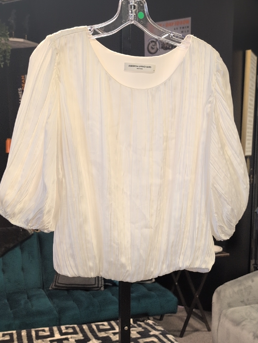Amanda Uprichard Ivory Pleated Puff-Sleeve Blouse